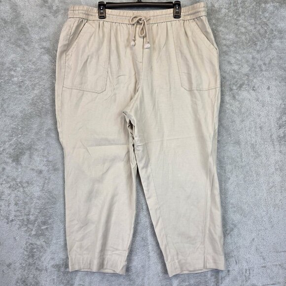 Talbots Pants Womens 2X Beige Linen Tencel Blend Drawstring Elastic Tapered - Picture 1 of 10